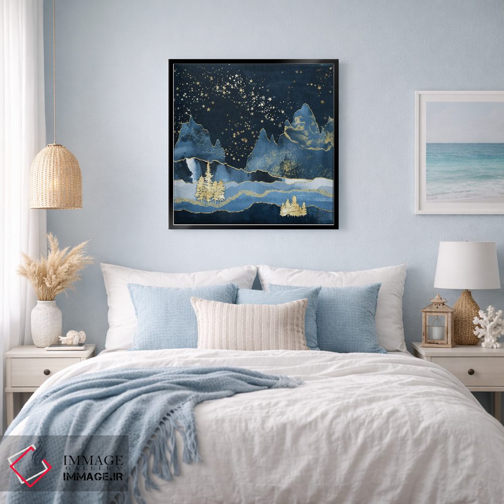 تابلو انتزاعی کوهستان جنگلی در شب پرستاره انتزاعی هندسی به رنگ سرمه ای و طلا… اثر نیچر مجیک - D4B