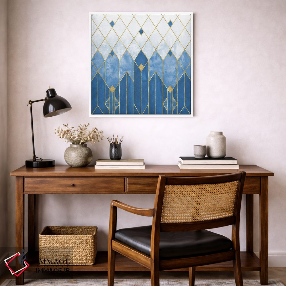 تابلو انتزاعی آبرنگ انتزاعی مدرن هندسی آرت دکو آبی و طلایی یخ زده اثر نیچر مجیک - D6W