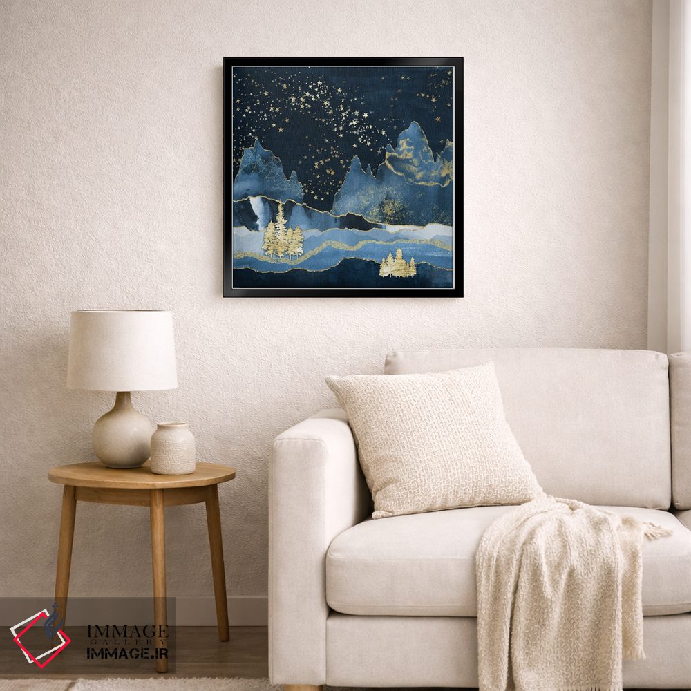 تابلو انتزاعی کوهستان جنگلی در شب پرستاره انتزاعی هندسی به رنگ سرمه ای و طلا… اثر نیچر مجیک - D6B