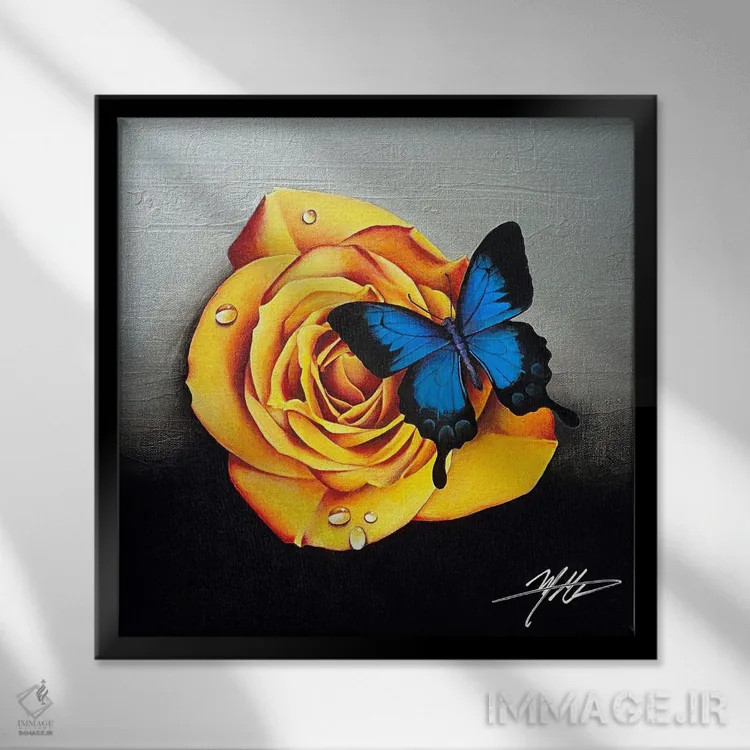 تابلو دکوراتیو رز و پروانه اثر مایکل گلدزوایگ - نمای قابدار مشکی
