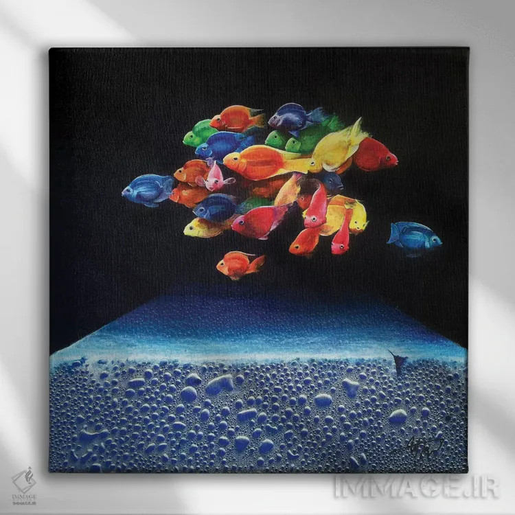تابلو دکوراتیو ماهی های رنگارنگ اثر مایکل گلدزوایگ - نمای روبهرو روی دیوار