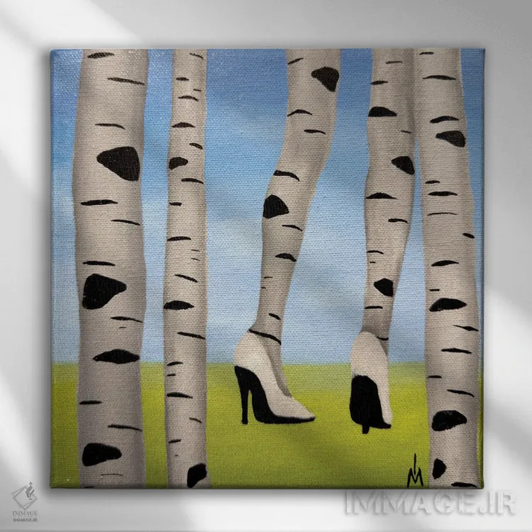تابلو دکوراتیو درخت توس با کفش اثر مارگاریتا ایوانوا - نمای روبهرو روی دیوار