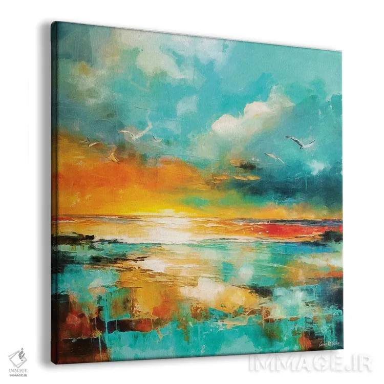 تابلو دکوراتیو منظره دریایی آبی مایل به سبز و نارنجی اثر کانر مک گوایر - نمای پرسپکتیو محصول