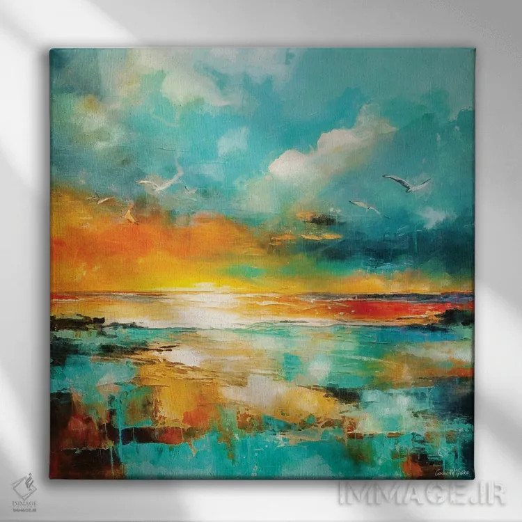تابلو دکوراتیو منظره دریایی آبی مایل به سبز و نارنجی اثر کانر مک گوایر - نمای روبهرو روی دیوار