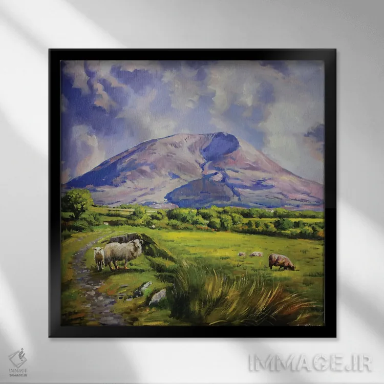 تابلو دکوراتیو County Mayo" گوسفندان روی کوه نفین، شهرستان مایو اثر کانر مک گوایر - نمای قابدار مشکی
