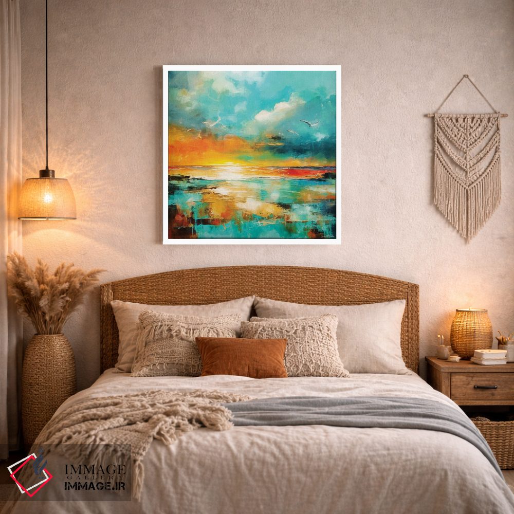 تابلو دکوراتیو منظره دریایی آبی مایل به سبز و نارنجی اثر کانر مک گوایر - D2W