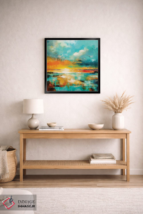 تابلو دکوراتیو منظره دریایی آبی مایل به سبز و نارنجی اثر کانر مک گوایر - D3B