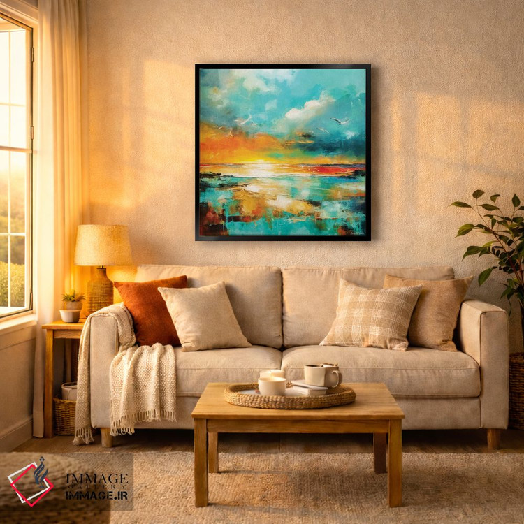 تابلو دکوراتیو منظره دریایی آبی مایل به سبز و نارنجی اثر کانر مک گوایر - D6B