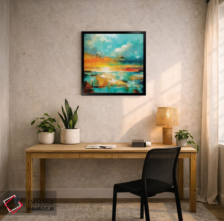 تابلو دکوراتیو منظره دریایی آبی مایل به سبز و نارنجی اثر کانر مک گوایر - D5B