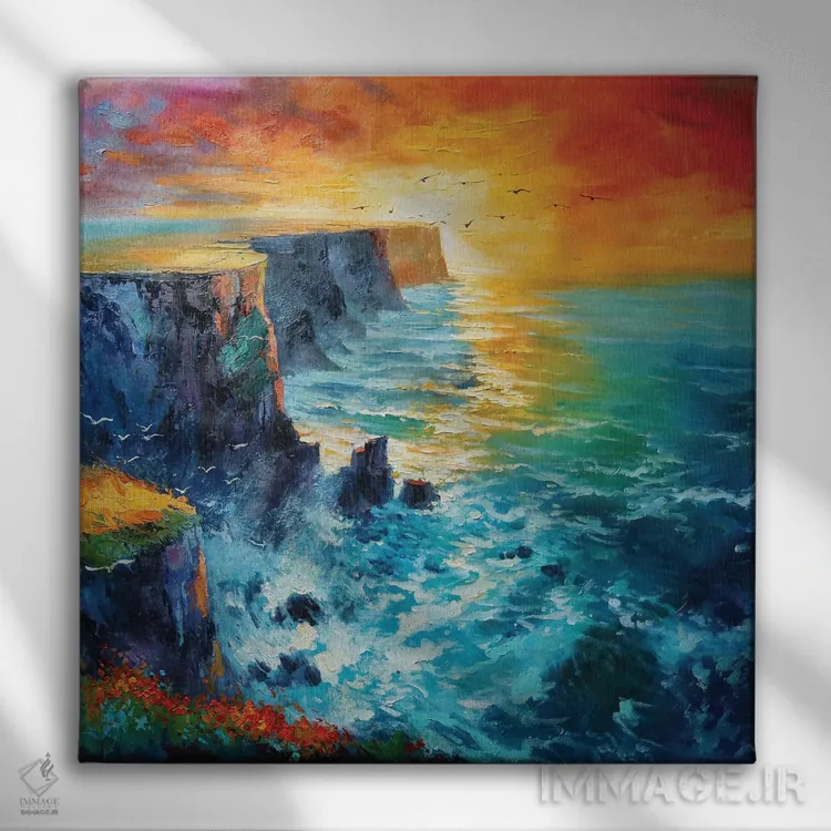 تابلو دکوراتیو غروب با رنگ نارنجی سوخته اثر کانر مک گوایر - نمای روبهرو روی دیوار