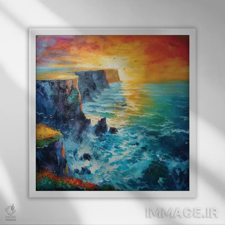 تابلو دکوراتیو غروب با رنگ نارنجی سوخته اثر کانر مک گوایر - نمای قابدار سفید