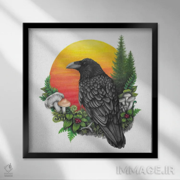 تابلو دکوراتیو کلاغ و خورشید اثر مندی هک - نمای قابدار مشکی