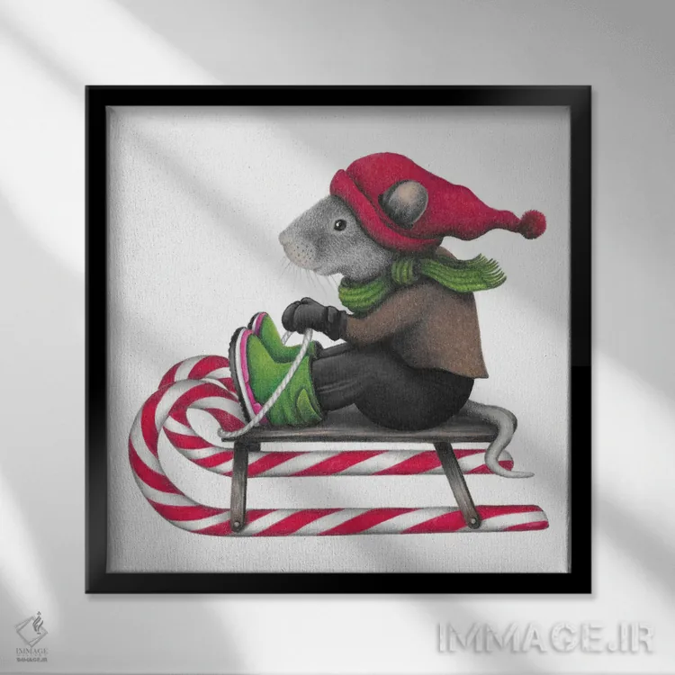 تابلو دکوراتیو موش سورتمه سوار اثر مندی هک - نمای قابدار مشکی