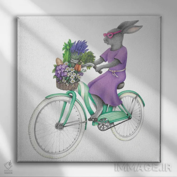 تابلو دکوراتیو خرگوش روی دوچرخه اثر مندی هک - نمای روبهرو روی دیوار