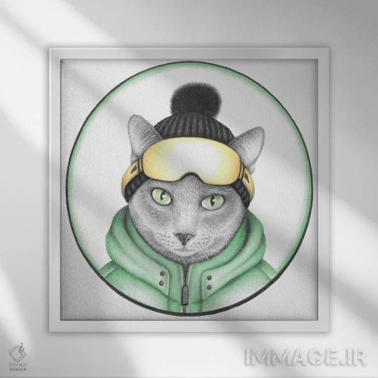 تابلو دکوراتیو گربه اسکی باز خاکستری اثر مندی هک - نمای قابدار سفید
