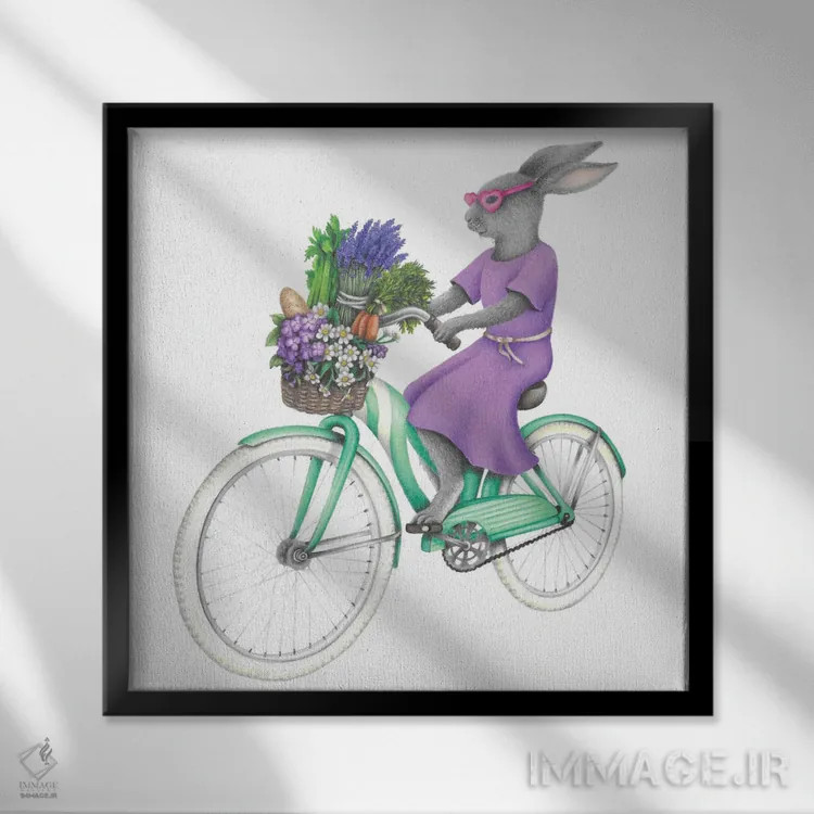 تابلو دکوراتیو خرگوش روی دوچرخه اثر مندی هک - نمای قابدار مشکی