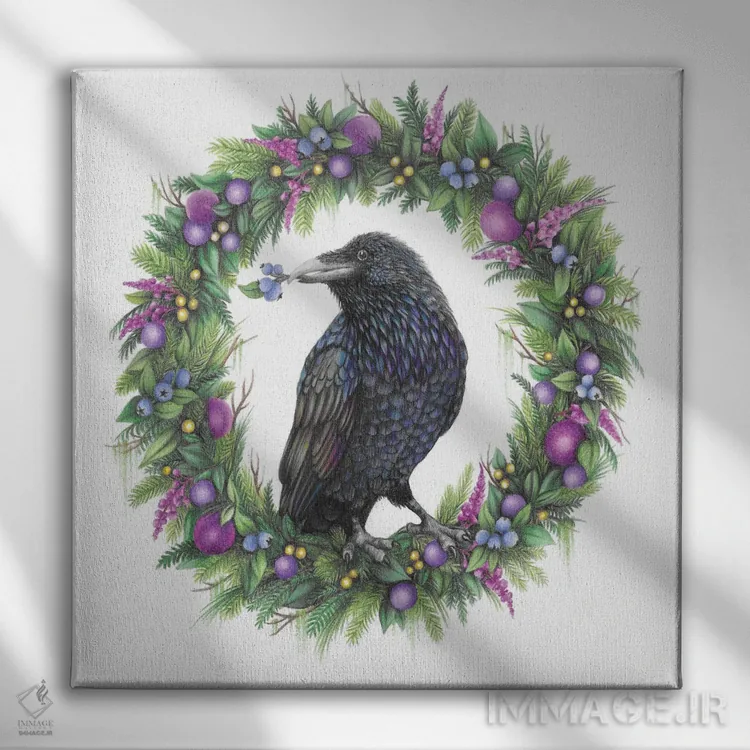 تابلو دکوراتیو کلاغ روی تاج گل اثر مندی هک - نمای روبهرو روی دیوار