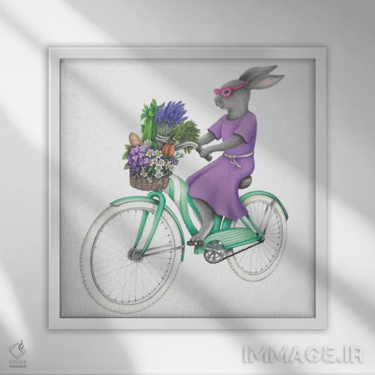 تابلو دکوراتیو خرگوش روی دوچرخه اثر مندی هک - نمای قابدار سفید