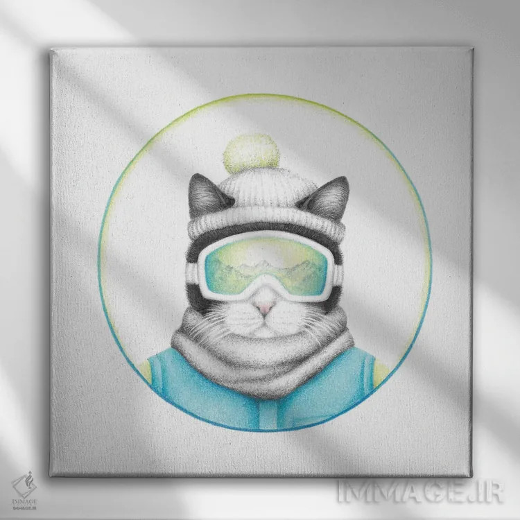تابلو دکوراتیو گربه اسکی باز سیاه و سفید اثر مندی هک - نمای روبهرو روی دیوار
