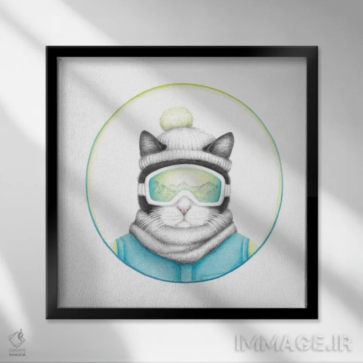 تابلو دکوراتیو گربه اسکی باز سیاه و سفید اثر مندی هک - نمای قابدار مشکی