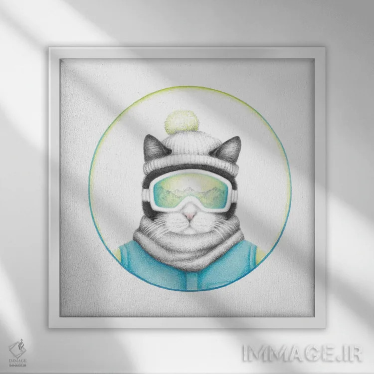 تابلو دکوراتیو گربه اسکی باز سیاه و سفید اثر مندی هک - نمای قابدار سفید