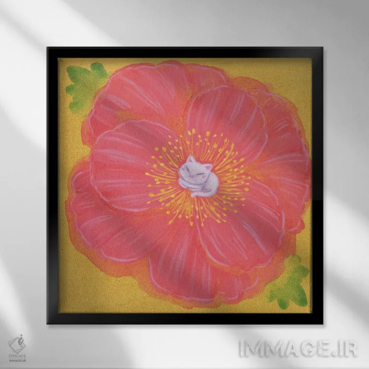 تابلو دکوراتیو گربه سفید و شقایق اثر مارتین هسو - نمای قابدار مشکی