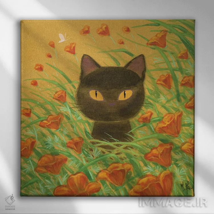 تابلو دکوراتیو گربه سیاه و شقایق های کالیفرنیا اثر مارتین هسو - نمای روبهرو روی دیوار