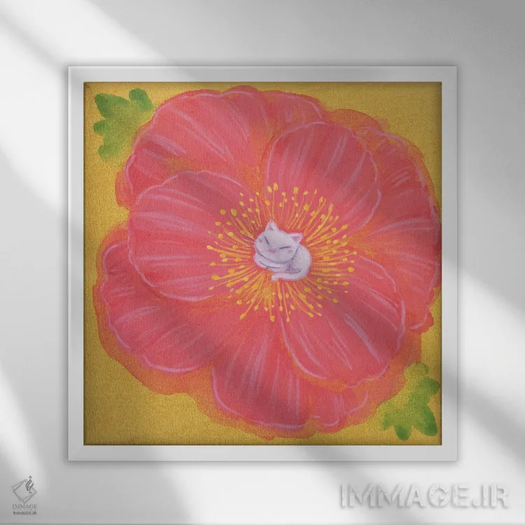 تابلو دکوراتیو گربه سفید و شقایق اثر مارتین هسو - نمای قابدار سفید