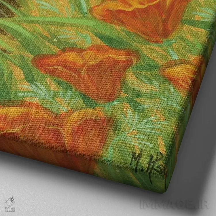 تابلو دکوراتیو گربه سیاه و شقایق های کالیفرنیا اثر مارتین هسو - نمای نزدیک بافت بوم