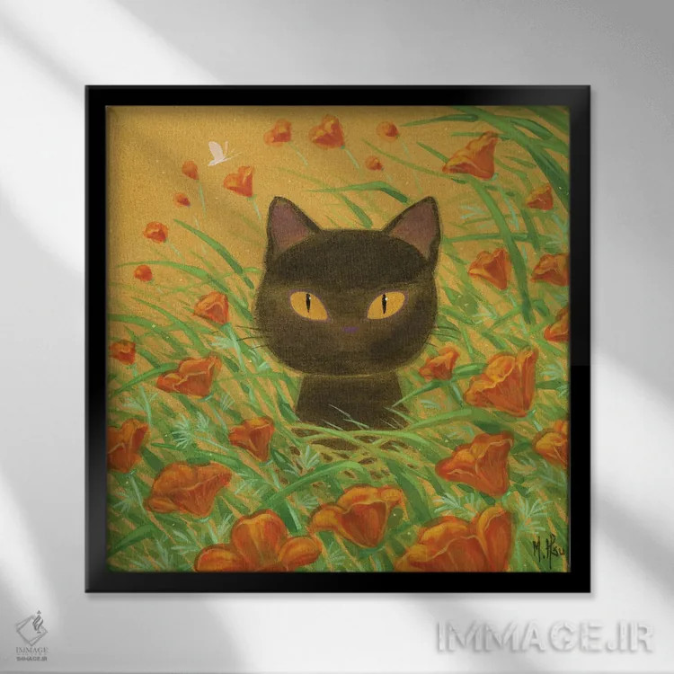 تابلو دکوراتیو گربه سیاه و شقایق های کالیفرنیا اثر مارتین هسو - نمای قابدار مشکی