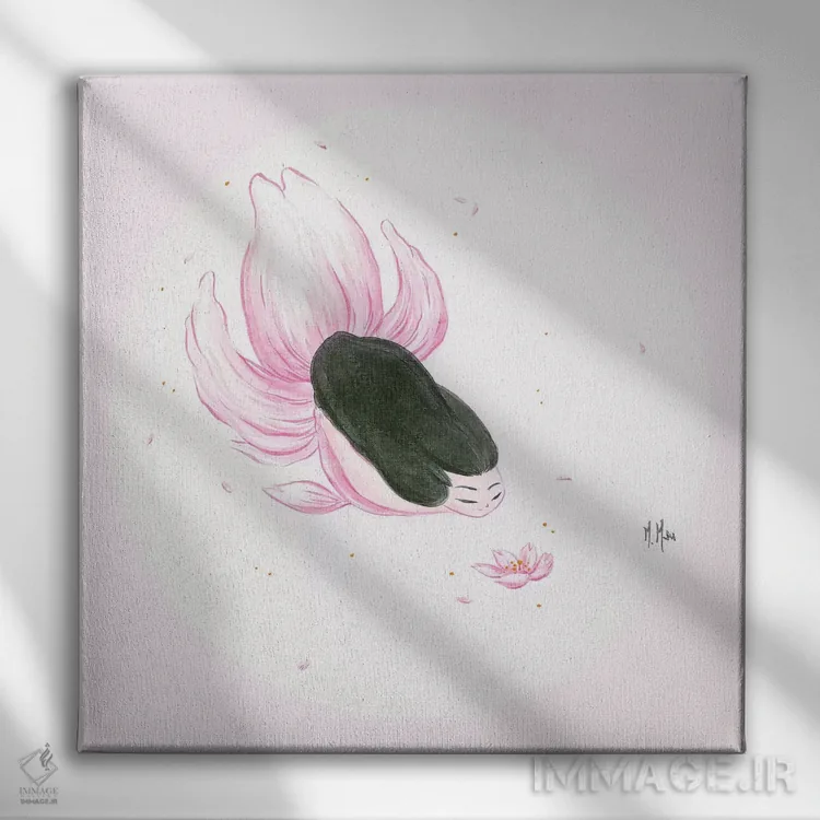 تابلو دکوراتیو پری دریایی ماهی طلایی اثر مارتین هسو - نمای روبهرو روی دیوار