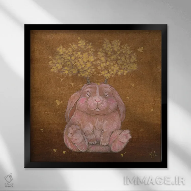 تابلو دکوراتیو بچه خرگوش جکالوپ و درخت جینکو اثر مارتین هسو - نمای قابدار مشکی