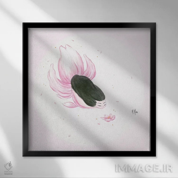 تابلو دکوراتیو پری دریایی ماهی طلایی اثر مارتین هسو - نمای قابدار مشکی