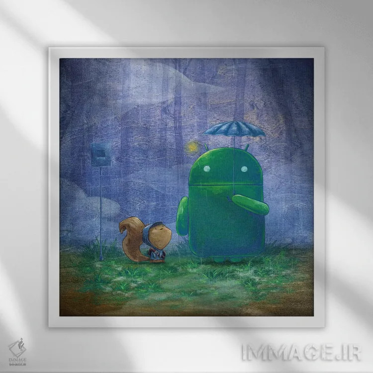 تابلو دکوراتیو باران ربات اثر مارتین هسو - نمای قابدار سفید