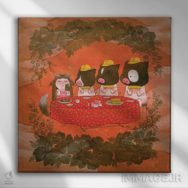 تابلو دکوراتیو سه خوک اثر مارتین هسو - نمای روبهرو روی دیوار