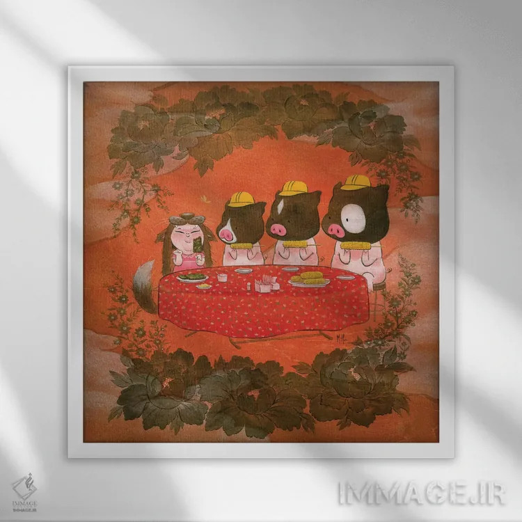 تابلو دکوراتیو سه خوک اثر مارتین هسو - نمای قابدار سفید