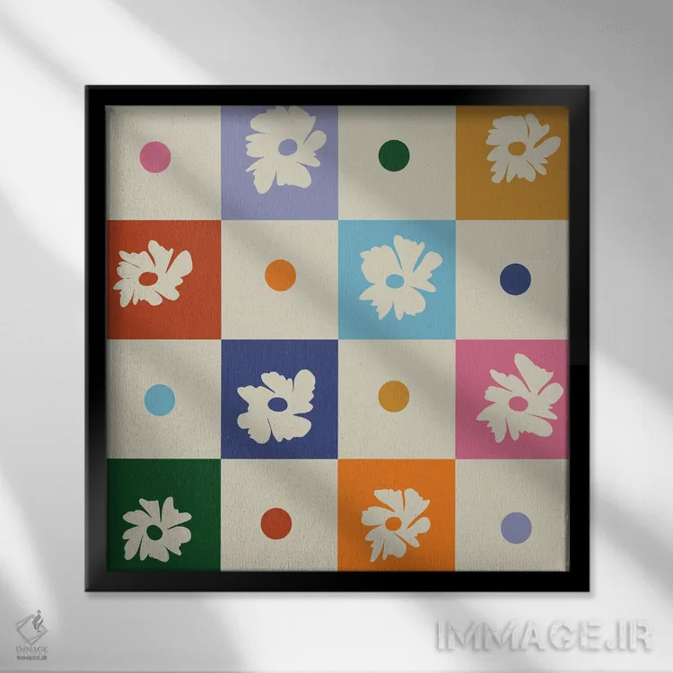 تابلو مدرن "صفحه شطرنجی گلدار رترو" اثر استودیو هنری میهو - نمای قابدار مشکی