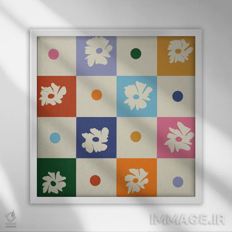 تابلو مدرن "صفحه شطرنجی گلدار رترو" اثر استودیو هنری میهو - نمای قابدار سفید