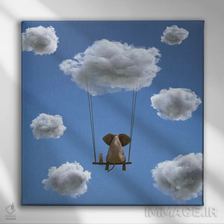 تابلو دکوراتیو فیل و سگ روی ابر در حال پروازند ۲ اثر مایک کیف - نمای روبهرو روی دیوار