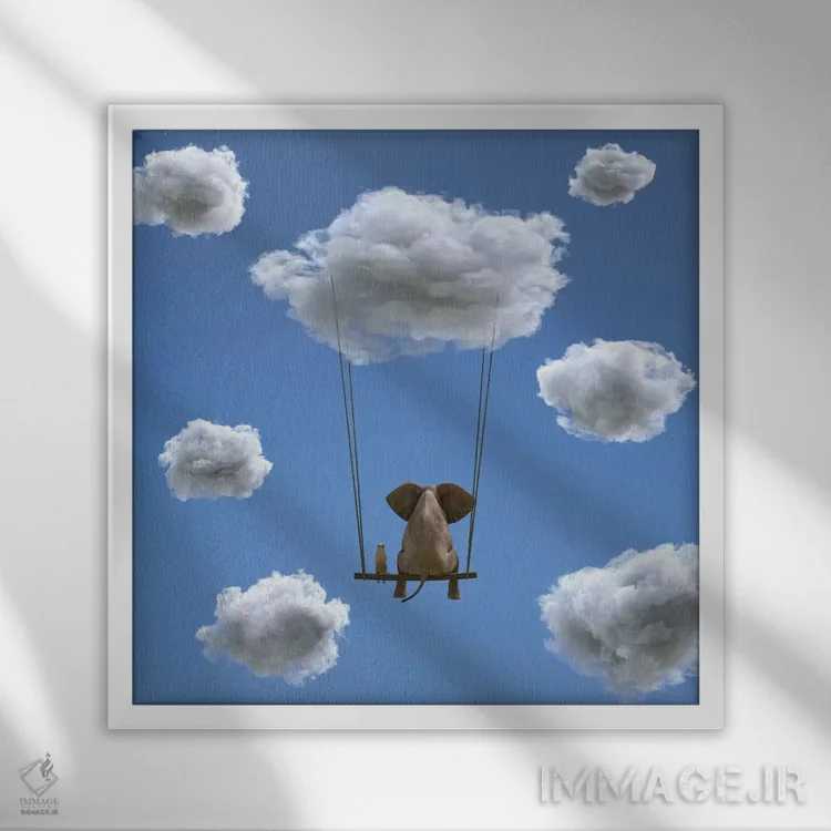 تابلو دکوراتیو فیل و سگ روی ابر در حال پروازند ۲ اثر مایک کیف - نمای قابدار سفید