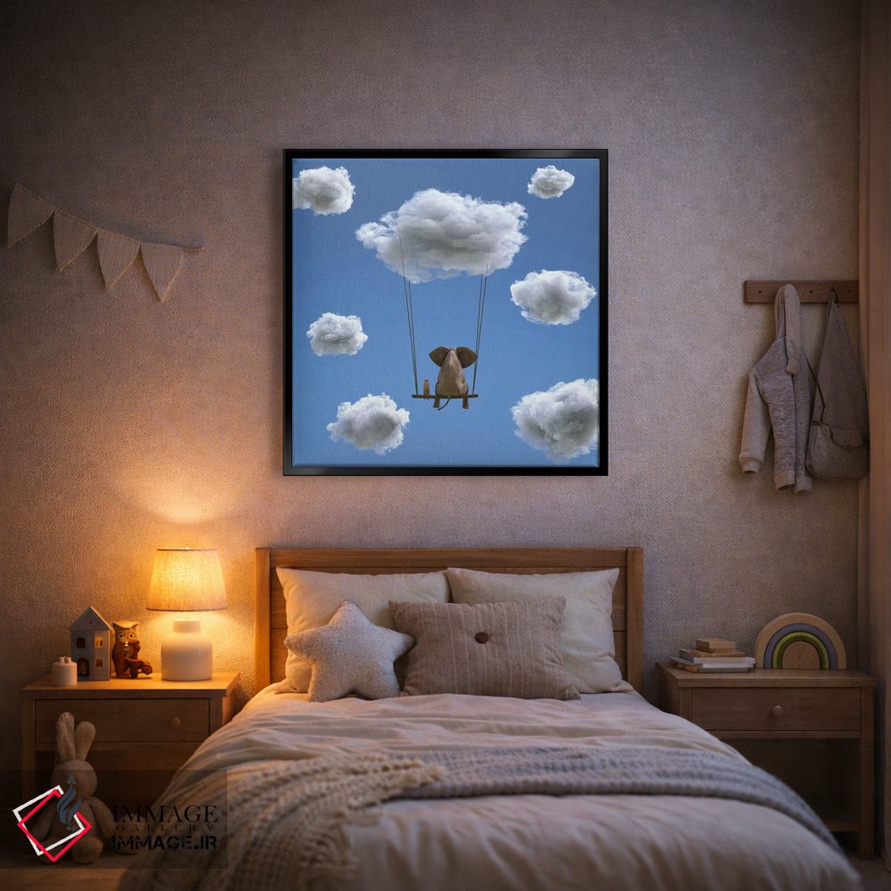 تابلو دکوراتیو فیل و سگ روی ابر در حال پروازند ۲ اثر مایک کیف - D1B