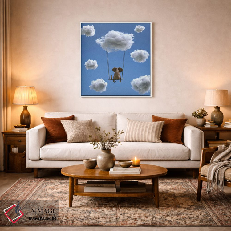تابلو دکوراتیو فیل و سگ روی ابر در حال پروازند ۲ اثر مایک کیف - D2W