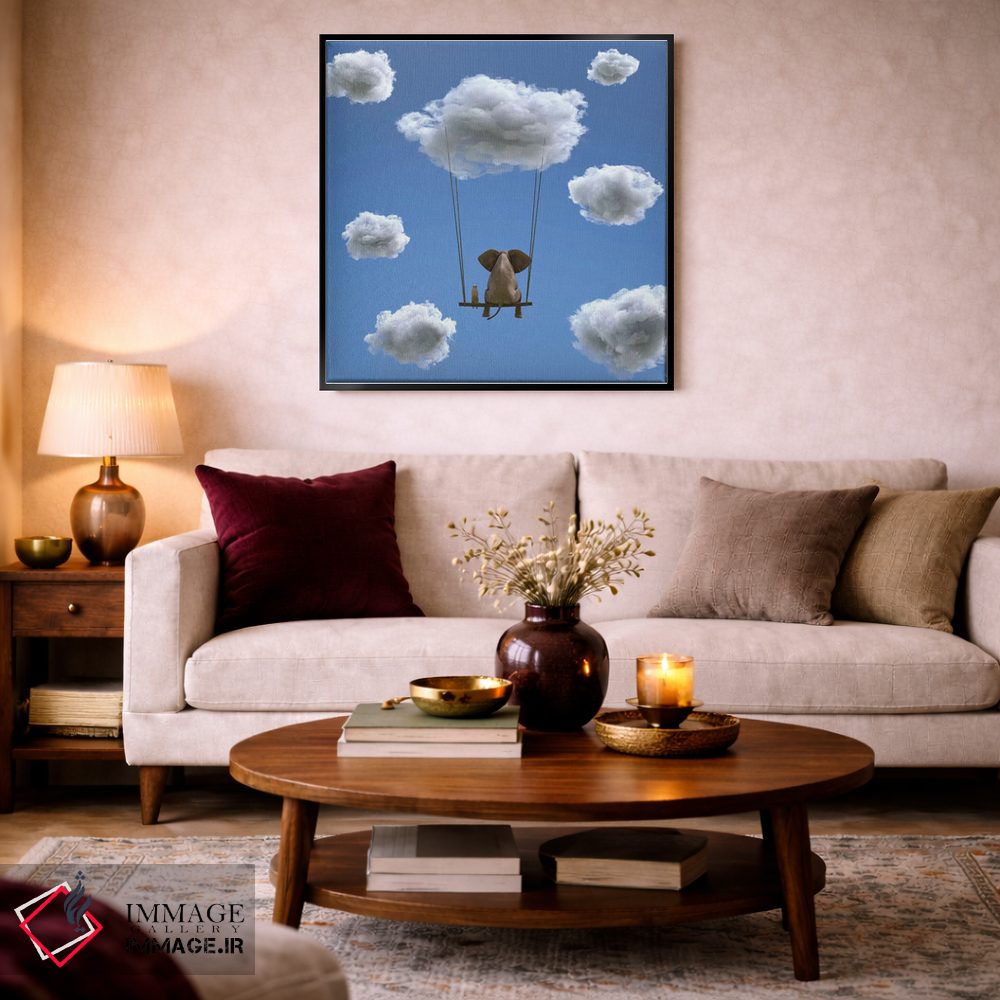تابلو دکوراتیو فیل و سگ روی ابر در حال پروازند ۲ اثر مایک کیف - D5B
