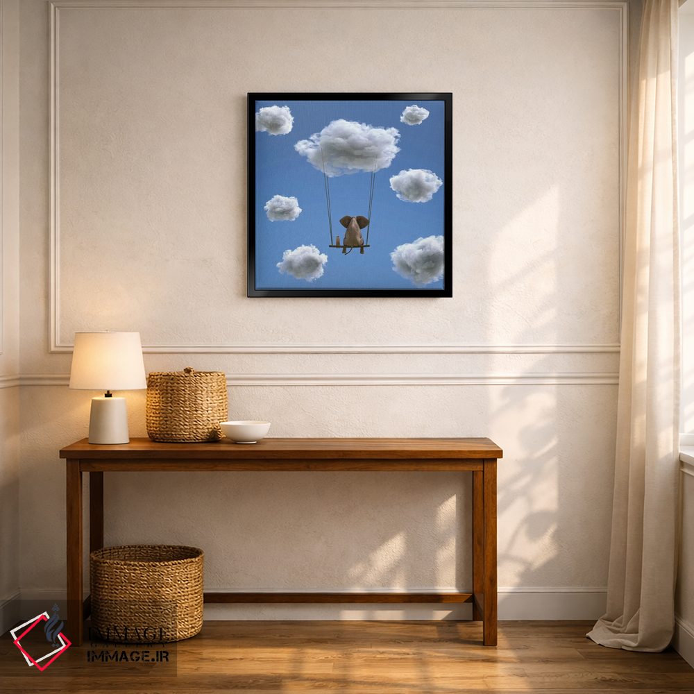 تابلو دکوراتیو فیل و سگ روی ابر در حال پروازند ۲ اثر مایک کیف - D6B