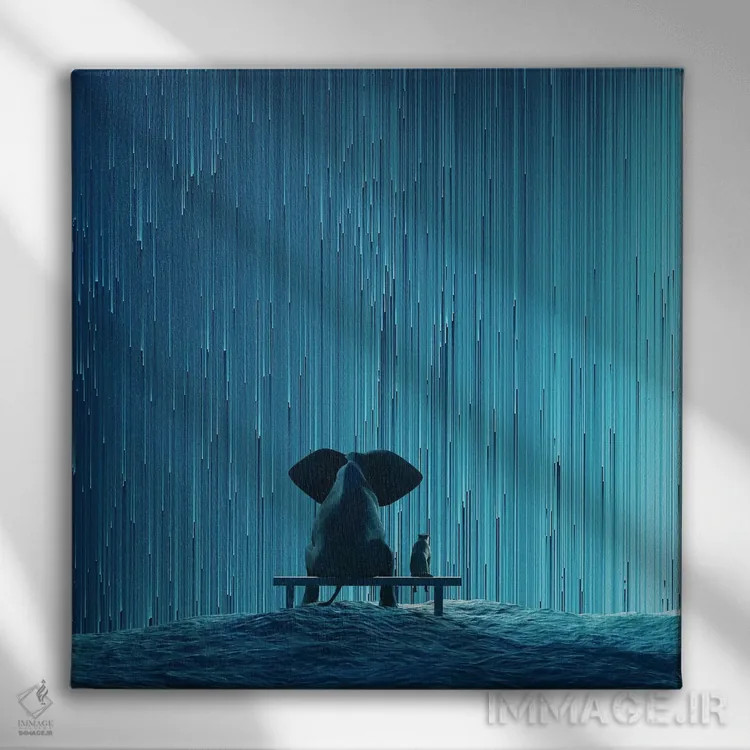 تابلو دکوراتیو فیل و سگ به بارش شهابی نگاه می کنند اثر مایک کیف - نمای روبهرو روی دیوار