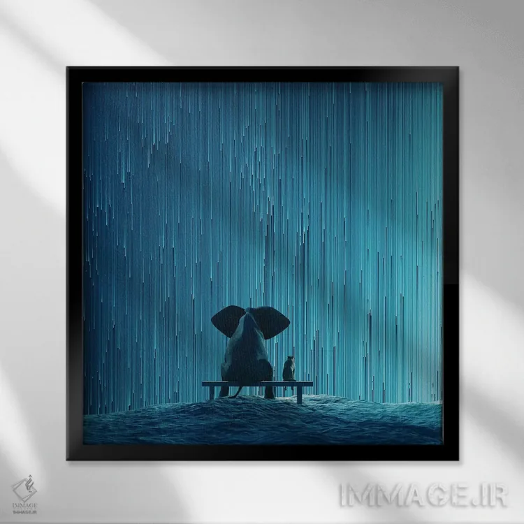 تابلو دکوراتیو فیل و سگ به بارش شهابی نگاه می کنند اثر مایک کیف - نمای قابدار مشکی