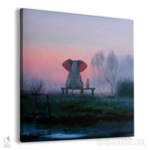 تابلو دکوراتیو فیل و سگ در چمنزاری مه آلود هنگام سپیده دم نشسته اند اثر مایک کیف - نمای پرسپکتیو محصول