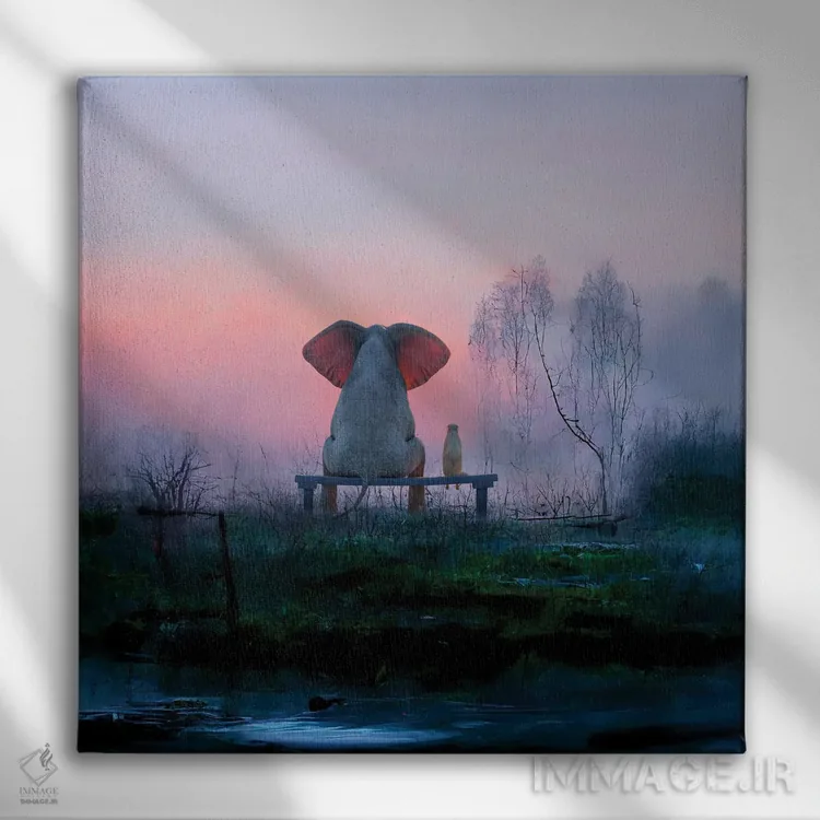 تابلو دکوراتیو فیل و سگ در چمنزاری مه آلود هنگام سپیده دم نشسته اند اثر مایک کیف - نمای روبهرو روی دیوار