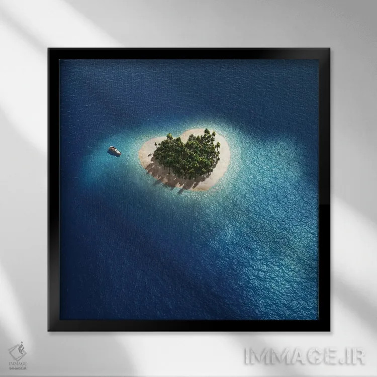 تابلو دکوراتیو نمای هوایی از جزیره استوایی به شکل قلب اثر مایک کیف - نمای قابدار مشکی
