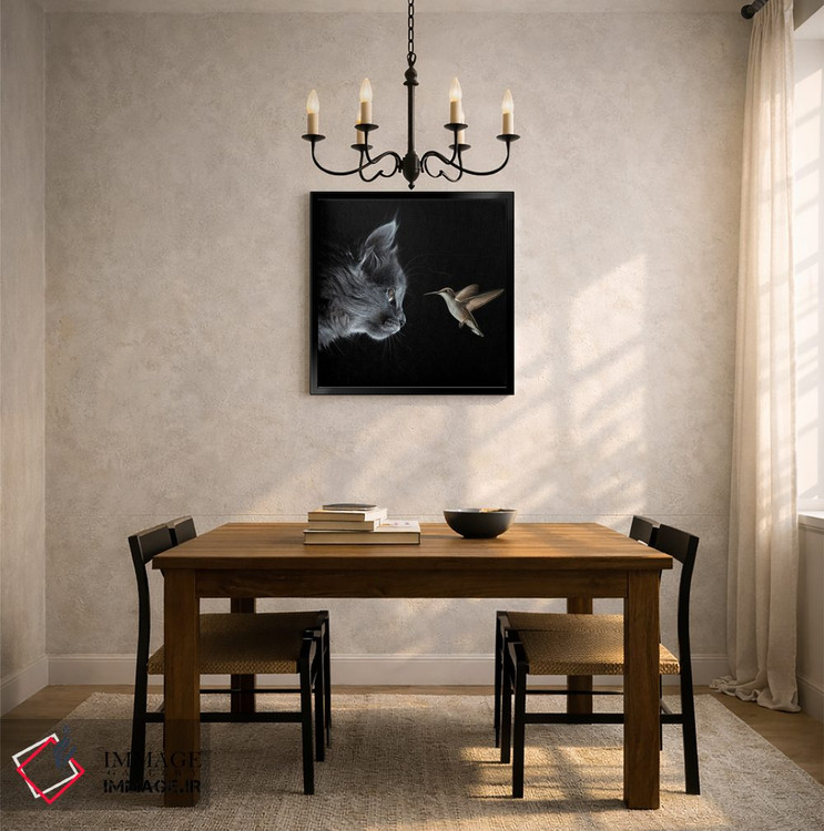 تابلو دکوراتیو گربه و مرغ مگس خوار در تاریکی ملاقات کردند اثر مایک کیف - D4B